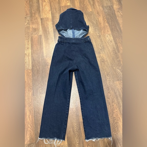 ASOS Back Cutout Dark Wash Blue Denim Jumpsuit Collared Sleeveless size 10 - Picture 12 of 16